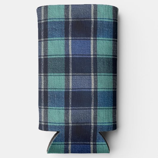 Teal & Navy Tartan Plaid Can or Bottle Cooler スリム缶クーラー (正面)