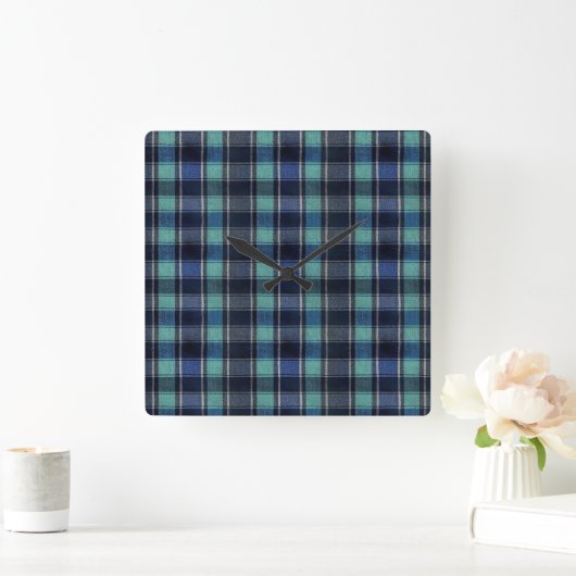 Teal & Navy Tartan Plaid Round Wall Clock スクエア壁時計 (ホーム)
