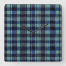 Teal & Navy Tartan Plaid Round Wall Clock スクエア壁時計