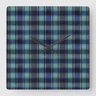 Teal & Navy Tartan Plaid Round Wall Clock スクエア壁時計