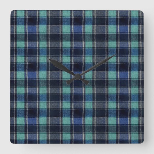 Teal & Navy Tartan Plaid Round Wall Clock スクエア壁時計 (正面)