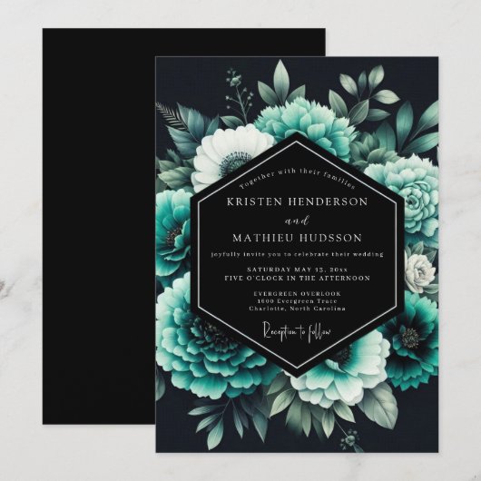 Teal Noir Botanical Wedding 招待状 (正面/裏面)