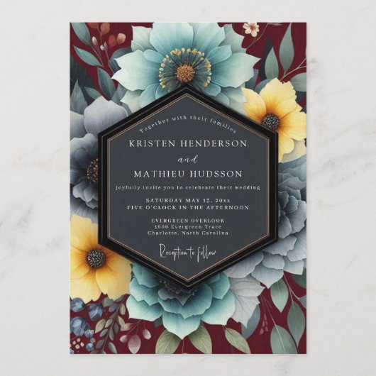 Teal & Ochre Bohemian Bloom Wedding 招待状 (正面)