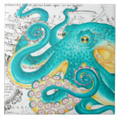 Teal Octopus Nautical Map Watercolor タイル (正面)