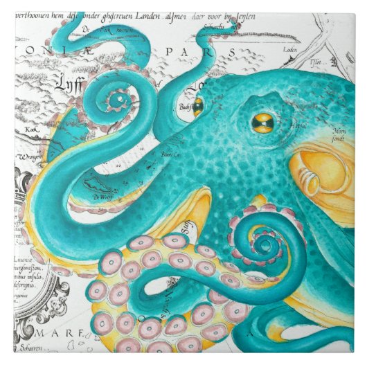 Teal Octopus Nautical Map Watercolor タイル (正面)