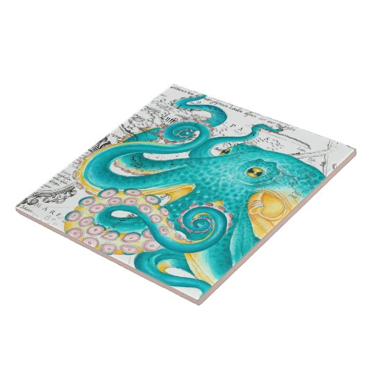 Teal Octopus Nautical Map Watercolor タイル (側面)