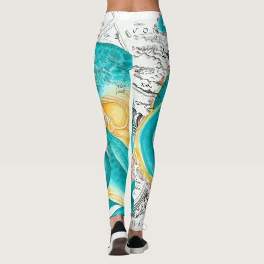 Teal Octopus Nautical Map Watercolor レギンス (裏面)