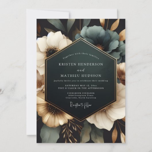 Teal Opulent Bloom Wedding 招待状 (正面)