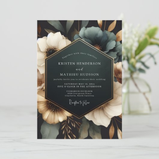 Teal Opulent Bloom Wedding 招待状 (スタンド正面)