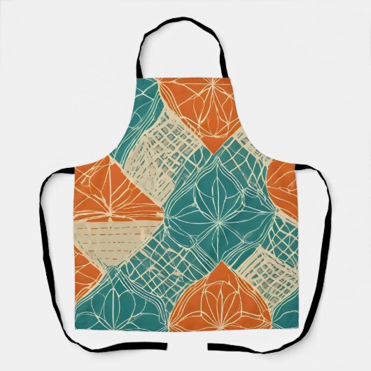 Teal, Orange, and Tan Abstract Flowers エプロン (正面)