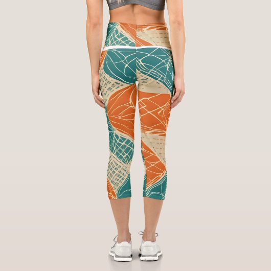 Teal, Orange, and Tan Abstract Flowers  カプリレギンス (裏面)