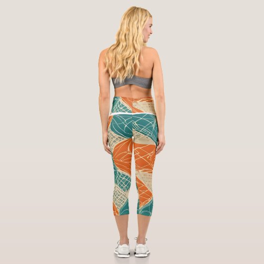 Teal, Orange, and Tan Abstract Flowers  カプリレギンス (裏面)