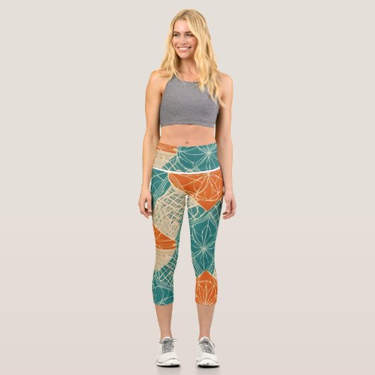 Teal, Orange, and Tan Abstract Flowers  カプリレギンス (正面)