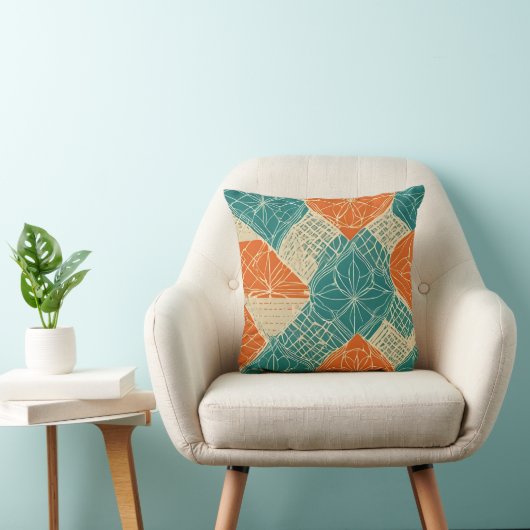 Teal, Orange, and Tan Abstract Flowers クッション (椅子)