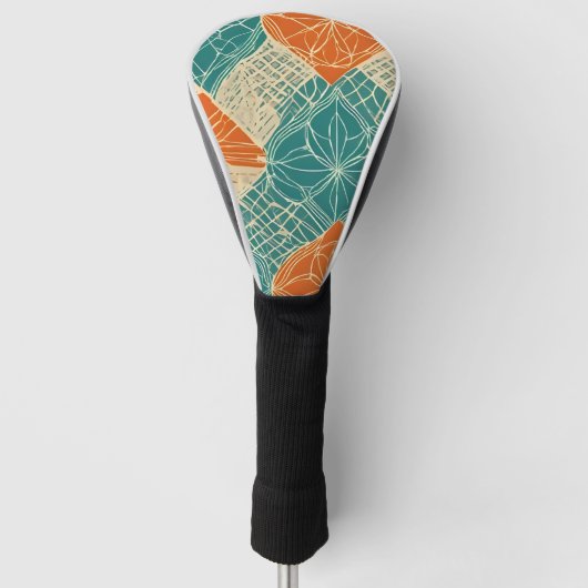 Teal, Orange, and Tan Abstract Flowers ゴルフヘッドカバー (正面)