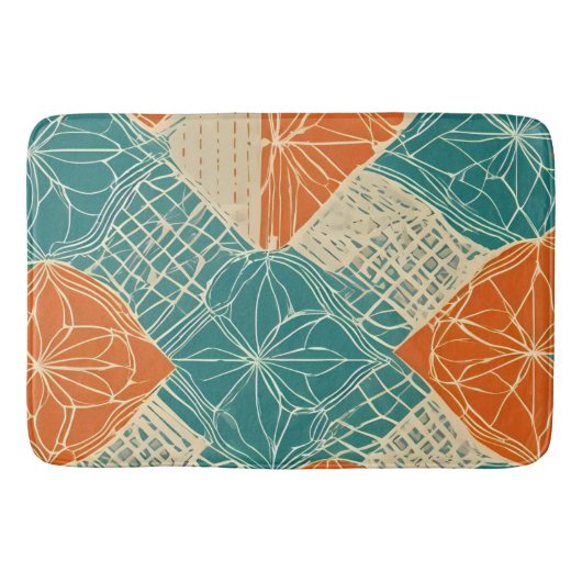 Teal, Orange, and Tan Abstract Flowers  バスマット (正面)