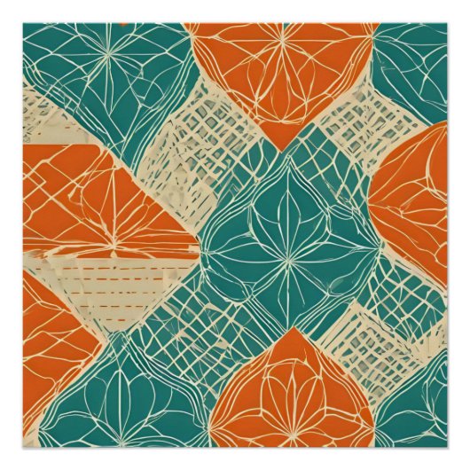 Teal, Orange, and Tan Abstract Flowers ポスター (正面)