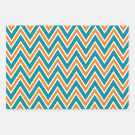 Teal, Orange, and White Chevron & Stripe Patterns ラッピングペーパーシート