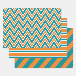 Teal, Orange, and White Chevron & Stripe Patterns ラッピングペーパーシート