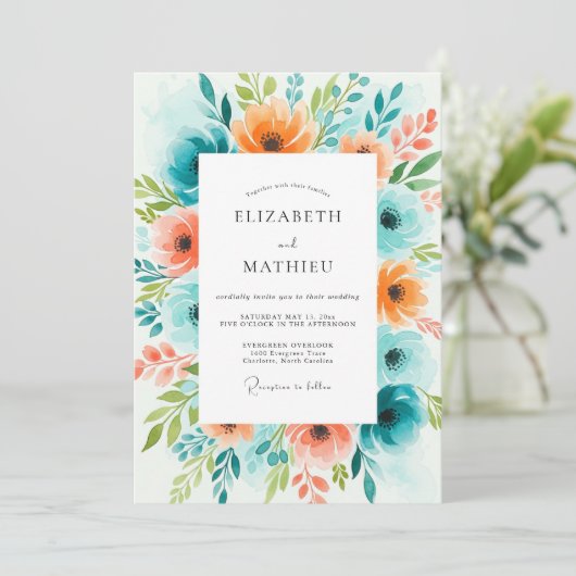 Teal Orange Bloom Wedding 招待状 (スタンド正面)