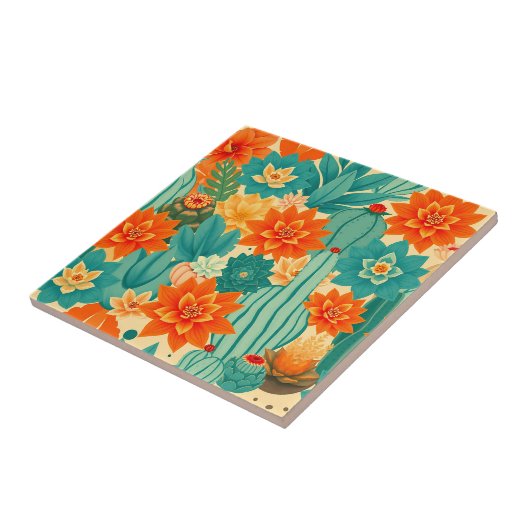 Teal Orange Desert Cactus Bloom タイル (側面)