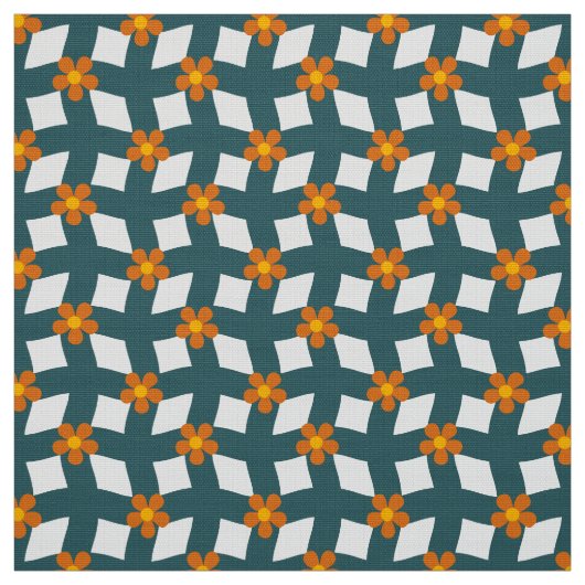 Teal Orange Floral Grid Poplin Fabric ファブリック (見本)