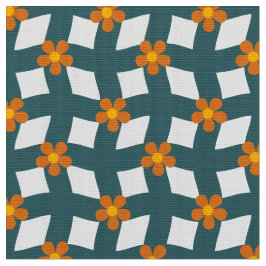 Teal Orange Floral Grid Poplin Fabric ファブリック