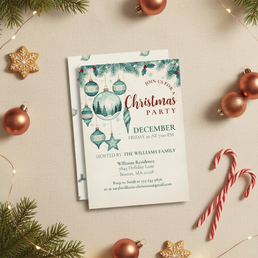  Teal Ornament Christmas Party Invitation Art 招待状