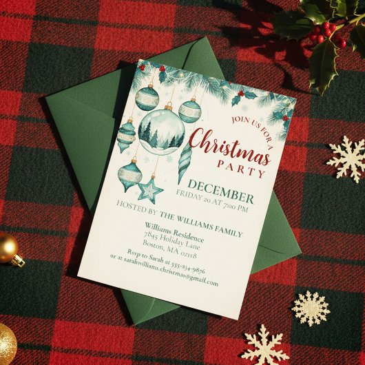  Teal Ornament Christmas Party Invitation Art 招待状