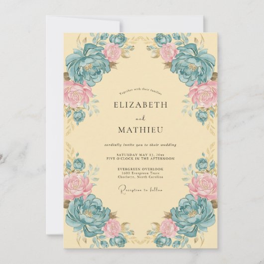 Teal Ornate Floral Wedding 招待状 (正面)