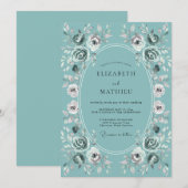 Teal Painterly Bloom Romance Wedding 招待状 (正面/裏面)