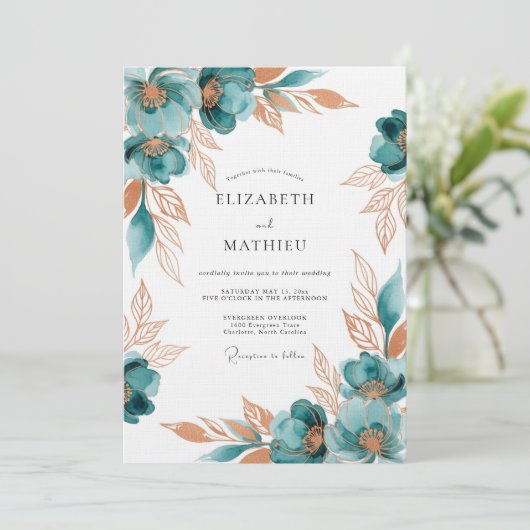 Teal Painterly Floral Romance Wedding 招待状 (スタンド正面)