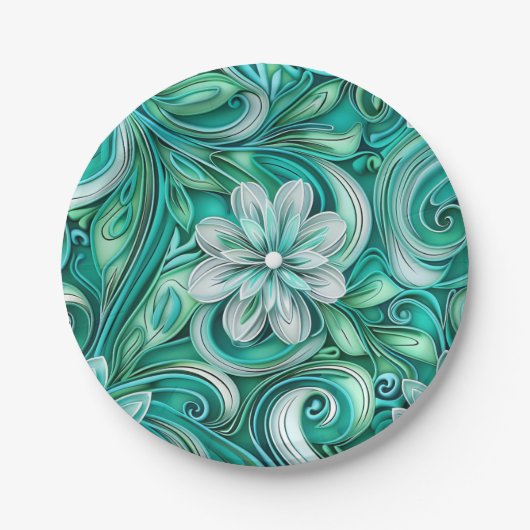 Teal paper flower seamless pattern  ペーパープレート (正面)