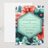Teal Paprika Vibrant Flora Wedding 招待状 (正面/裏面)
