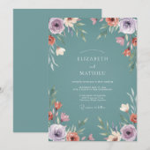 Teal Peaceful Botanical Wedding 招待状 (正面/裏面)