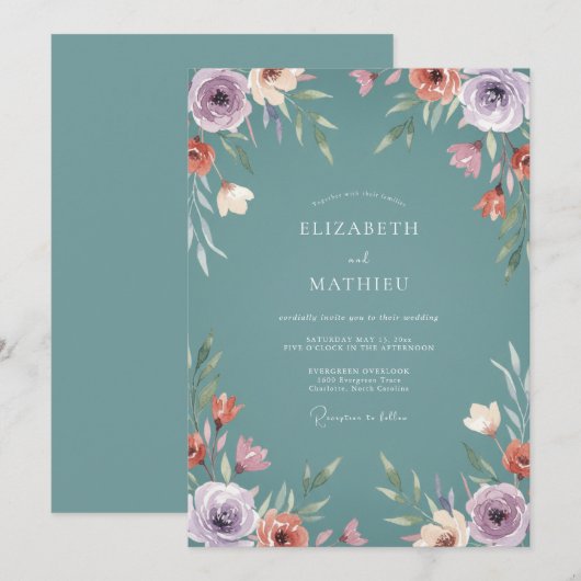Teal Peaceful Botanical Wedding 招待状 (正面/裏面)