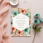 Teal Peach Floral Ethereal Wedding 招待状