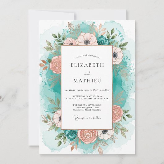 Teal Peach Graceful Coastal Wedding 招待状 (正面)