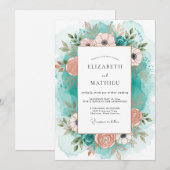 Teal Peach Graceful Coastal Wedding 招待状 (正面/裏面)
