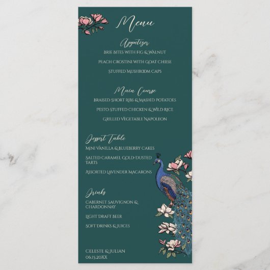 Teal Peacock Hand-Drawn Wedding Menu メニュー (正面)