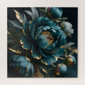 Teal Peony Gold Luxe Botanical Bloom ジグソーパズル (横)