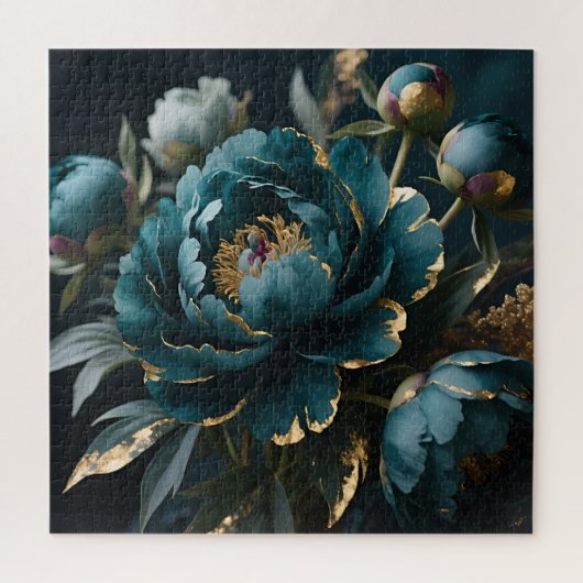 Teal Peony Gold Luxe Botanical Bloom ジグソーパズル (縦)