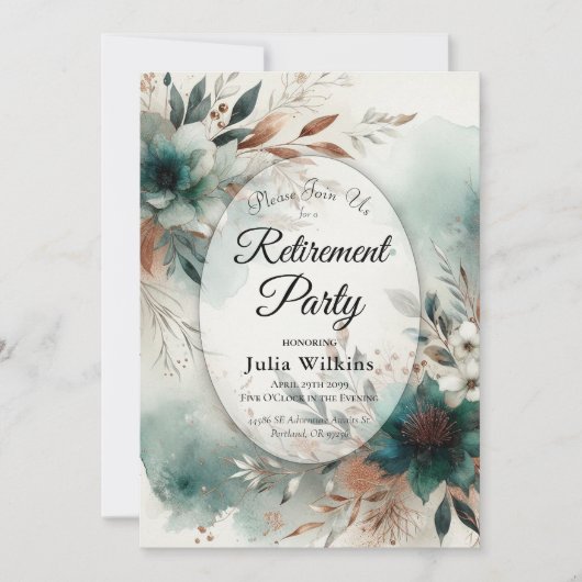 Teal Petals in Bronze Bloom Retirement Party 招待状 (正面)