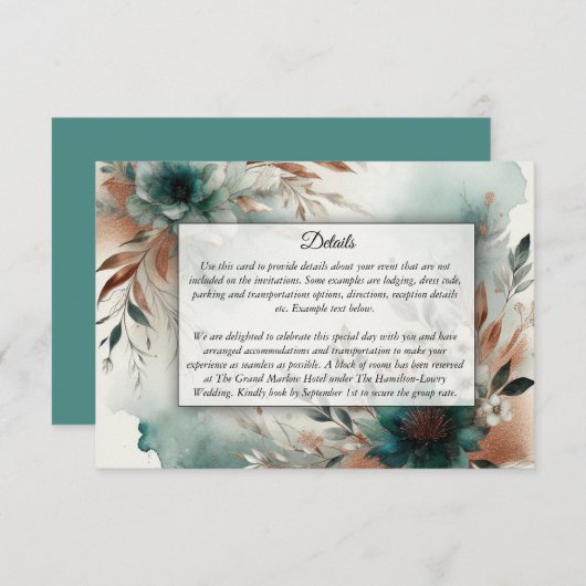 Teal Petals in Bronze Bloom Wedding エンクロージャーカード (正面/裏面)