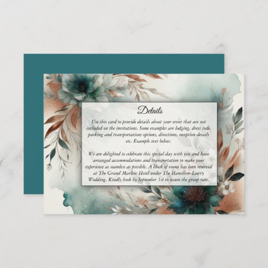 Teal Petals in Bronze Bloom Wedding エンクロージャーカード (正面/裏面)