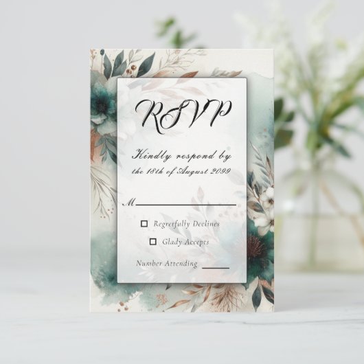 Teal Petals in Bronze Bloom Wedding 出欠カード (スタンド正面)