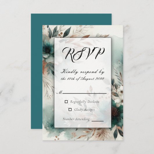 Teal Petals in Bronze Bloom Wedding 出欠カード (正面/裏面)