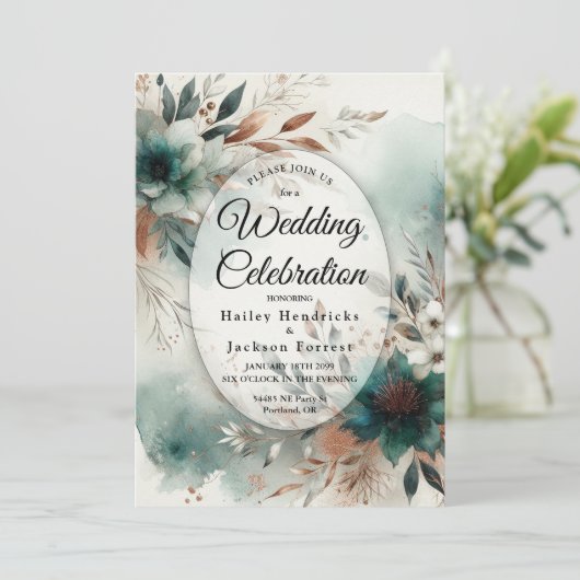 Teal Petals in Bronze Bloom Wedding 招待状 (スタンド正面)