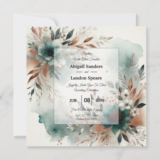 Teal Petals in Bronze Bloom Wedding 招待状 (正面)