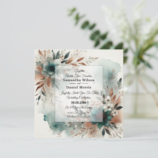 Teal Petals in Bronze Bloom Wedding 招待状 (スタンド正面)